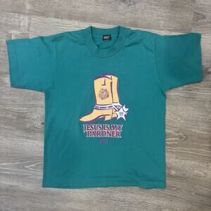 Vintage Jesus Graphic T-Shirt Teal Western Cowgirl Grunge 90s FOTL Girls 14-16